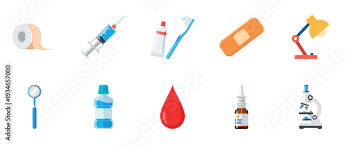 Medical and hygiene items displayed on white background