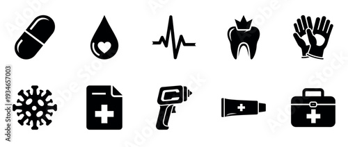 Medical icons representing treatments and supplies on white background