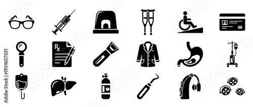 Medical and healthcare icons displayed in horizontal icon set