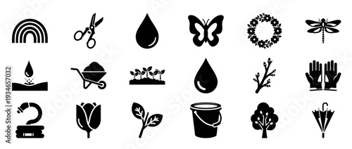 Garden tools and nature icons arranged on white background