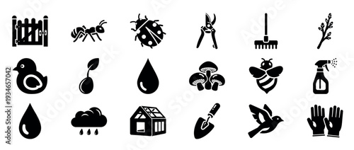 Garden and pest control icons arranged on white background