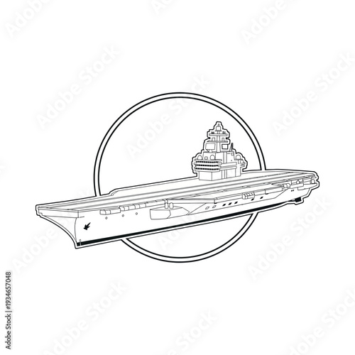 Aircraft Carrier Illustration in Circle Outline.