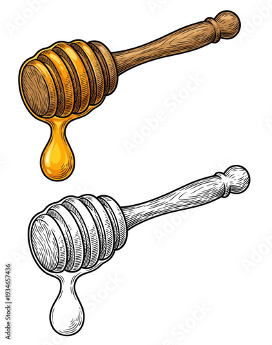 Illustration of honey and syrup dippers with dripping liquids from wooden and metal handles in a clean white background viewed from a top angle