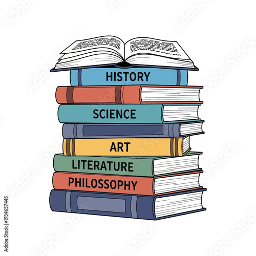 Stack of Books with Various Subjects.