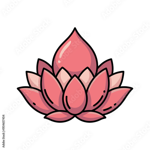 Pink lotus flower illustration with outlined petals represents purity and spiritual awakening in.