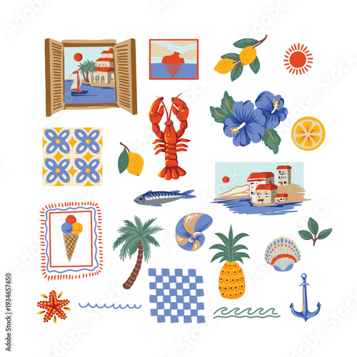 Mediterranean elements isolated lemons seafood tiles summer illustration design