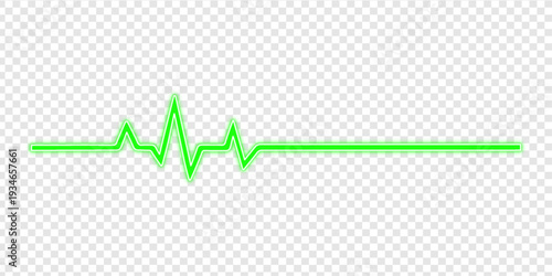 Digital green neon heartbeat line turning into a flatline on a transparent background - medical crisis concept