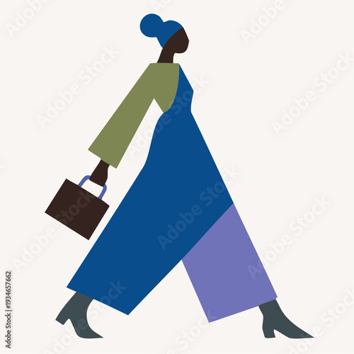 stylized figure in bold geometric motion, blending modern fashion, abstract color play, and confident everyday elegance
