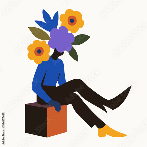 surreal seated figure with a blooming floral head, blending bold color, abstract geometry, and a calm, contemplative mood