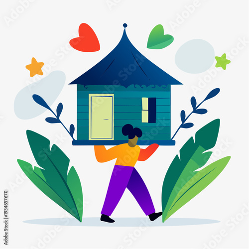 whimsical figure carrying a colorful house through lush leaves, blending playful symbolism, vibrant motion, and a joyful sense of home and responsibility