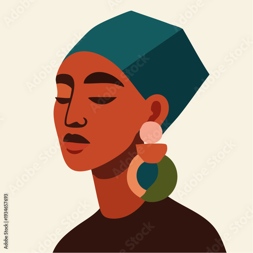 profile portrait wrapped in teal fabric and bold geometric jewelry, blending warm earthy tones with serene cultural elegance