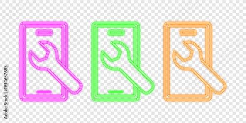 Vibrant neon mobile phone repair and service icons set with wrench symbol on transparent background