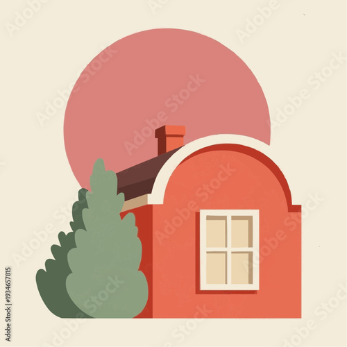 Abstract red house illustration with tree and sun background  