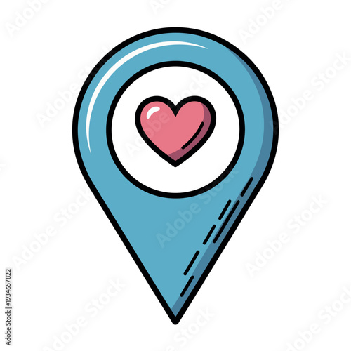 Blue map location pin marker containing a small pink heart indicates a preferred or favored.