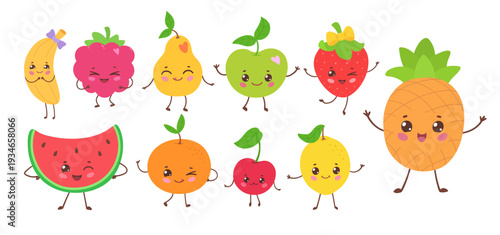 Vector illustration of cute fruits with smiling faces and accessories. Flat isolated fruit object set.