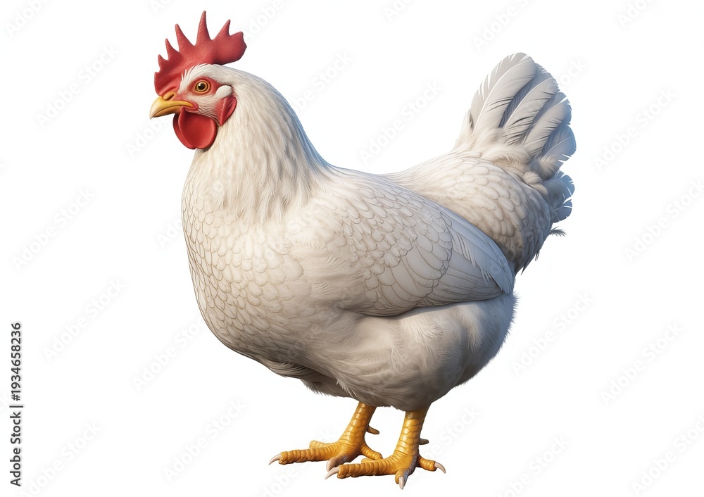 Fototapeta premium A detailed 3d rendering of a white hen with red comb and wattles standing on a white background chicken