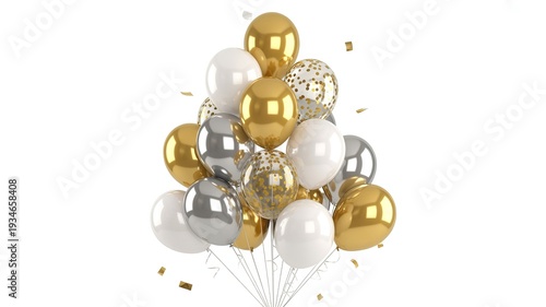 A large bouquet of gold silver and white balloons with confetti image
