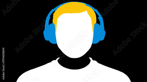 Modern illustration of an anonymous person with yellow hair and blue headphones on a black background, representing listening and audio.