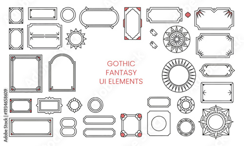 Set of gothic fantasy elements for user interface, poster, and video, fantasy magic HUD template for RPG game interface, mystical symbols, dark frames, and decorative ornaments.