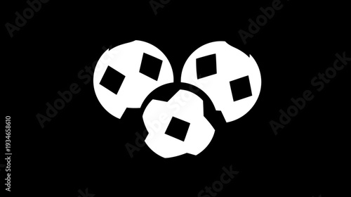 Minimalist black and white abstract football icons with diamond patterns, grouped in a playful cluster, graphic soccer ball design element.