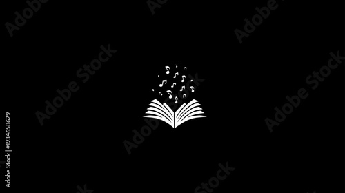Minimalist open book with flying music notes on a black background, symbolizing creative writing, literature, and musical inspiration.