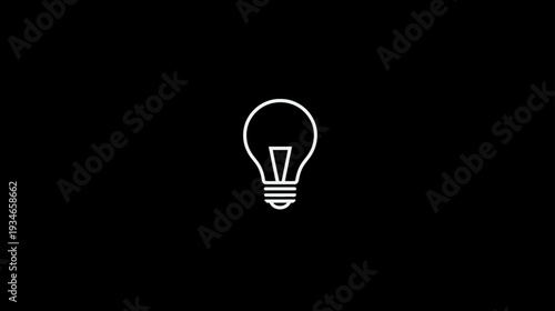 Minimalist white outline light bulb icon on black background, symbolizing idea, inspiration, solution, and creativity concept