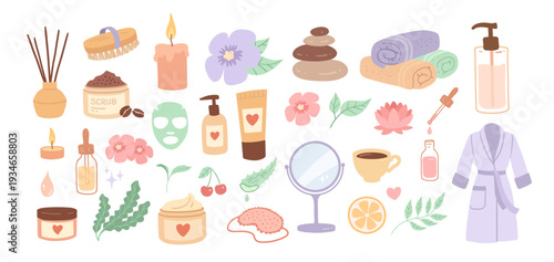 Vector set of spa and skincare icon illustrations. Flat design beauty collection isolated objects