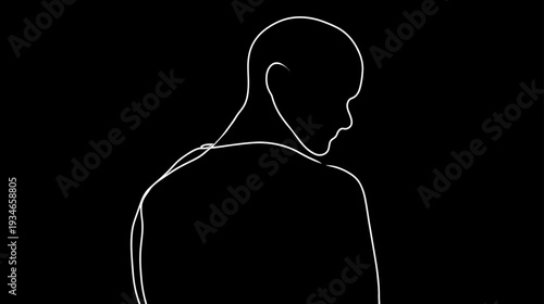 Minimalist continuous line art illustration of a contemplative person looking down from behind against a black background.
