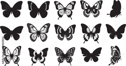 Collection of diverse butterfly silhouettes and illustrations in various poses and designs on a plain background