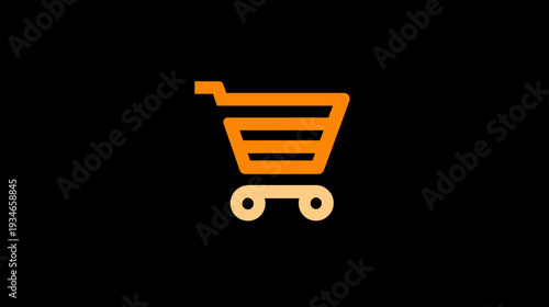 Minimalist orange shopping cart icon on a black background, representing online shopping, e-commerce, retail, add to cart, digital marketplace