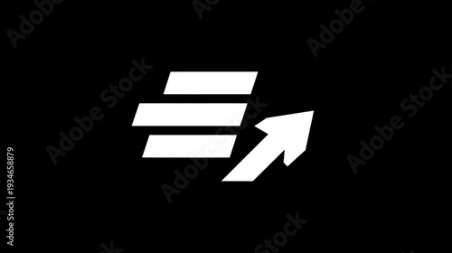 Abstract progress arrow icon with three horizontal lines on a black background, symbolizing growth, data, efficiency, and modern technology.