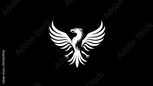 Majestic White Eagle or Phoenix Bird Graphic Design Element with Outstretched Wings on Black Background, Elegant Power Symbol Icon