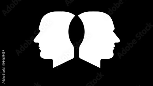 Abstract black and white graphic: Two human head silhouettes facing opposite directions, symbolizing duality, contrast, and introspection.