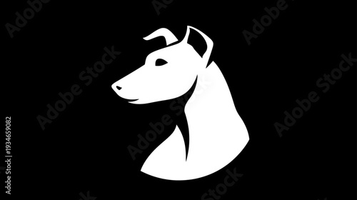 Sleek white dog head silhouette illustration on black background. Minimalist graphic design element, modern canine profile vector.
