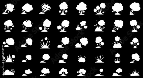 Comic energy explosion. Doodle vector smoke set special effects template. Cartoon steam clouds, puff, mist, fog, vapour, energy or dust explosion 2D VFX illustration. Print, menu and web design