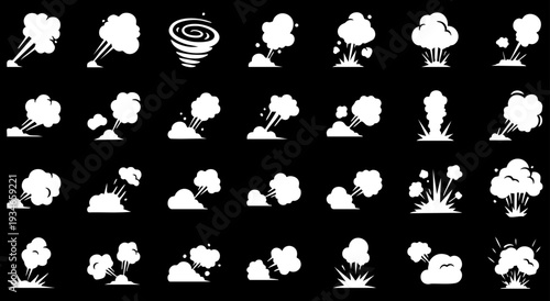 Comic energy explosion. Doodle vector smoke set special effects template. Cartoon steam clouds, puff, mist, fog, vapour, energy or dust explosion 2D VFX illustration. Print, menu and web design