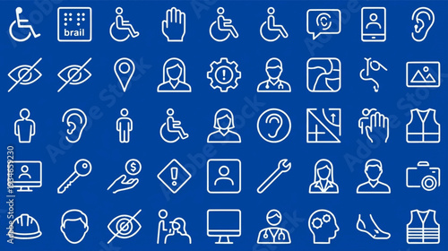 Universal Accessibility and Safety Vector Icon Set with Disability Symbols, Healthcare Professionals, and Industrial Safety Signage on Blue Background
