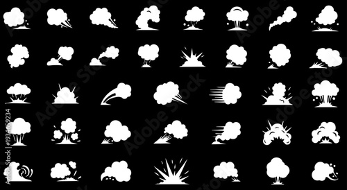 Smoke illustration set for special effects template. Steam clouds, mist, fume, fog, dust, or vapor 2D VFX Clipart element for animation