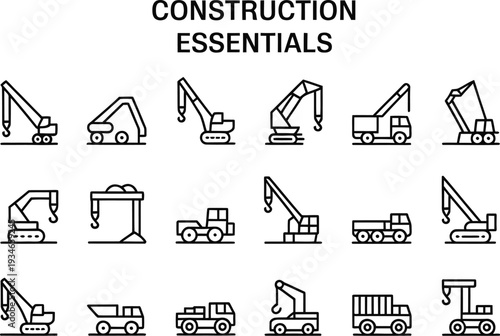 Construction vector illustration with cranes excavators dump trucks heavy machinery equipment building industry engineering infrastructure