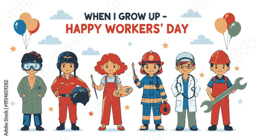 Diverse cartoon children dream occupations workers' day illustration