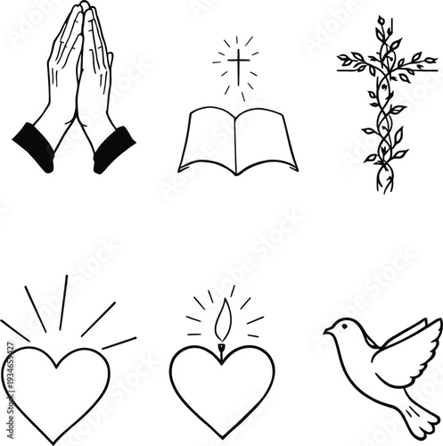 Christian vector illustration with praying hands bible cross hearts candle dove love peace faith devotion spirituality and guidance