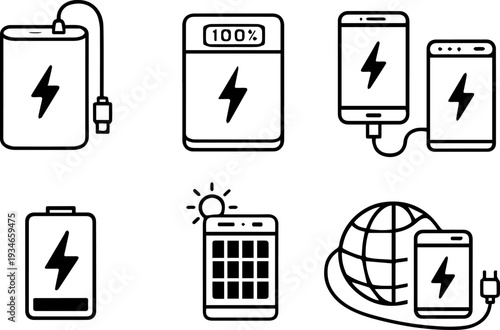 Battery charging energy power line icons. Vector