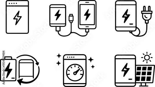 Battery charging energy power line icons