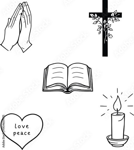 Spiritual vector illustration with praying hands cross bible heart candle love peace faith devotion hope guidance and illumination
