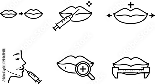 Lip augmentation cosmetic surgery line icons
