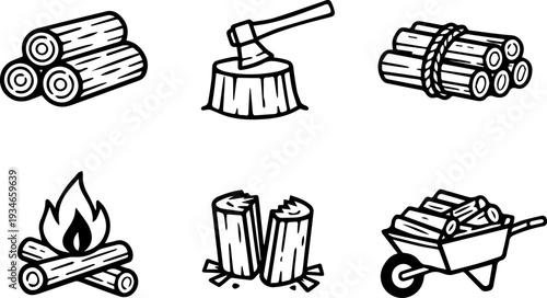 Firewood campfire and logging line icons. Vector