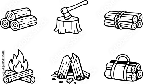 Firewood campfire and logging line icons