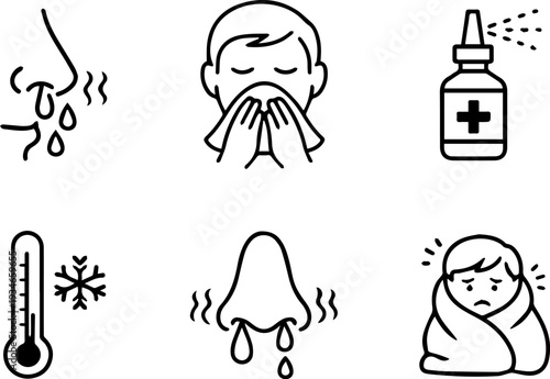 Cold flu allergy symptoms and treatment line icons set