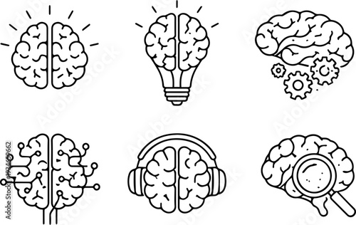 Brain mental health and mindfulness line icons set. Vector