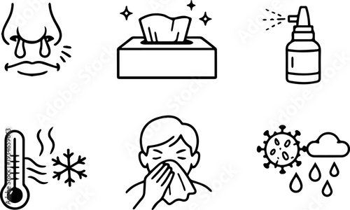 Cold flu allergy symptoms and treatment line icons set. Vector